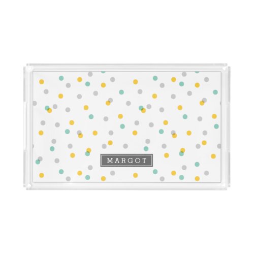 Gray Aqua and Yellow Confetti Dots Monogram Acrylic Tray