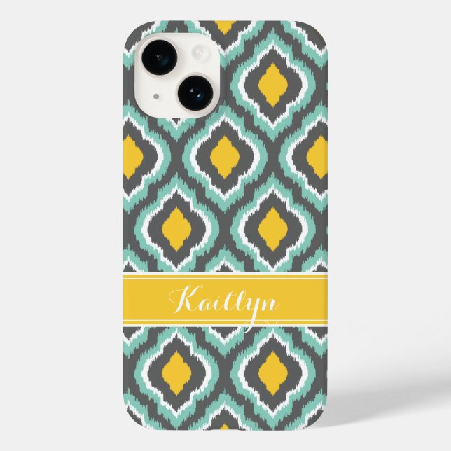 Gray Aqua and Yellow Ikat Moroccan Monogram Case-Mate iPhone Case (Back)