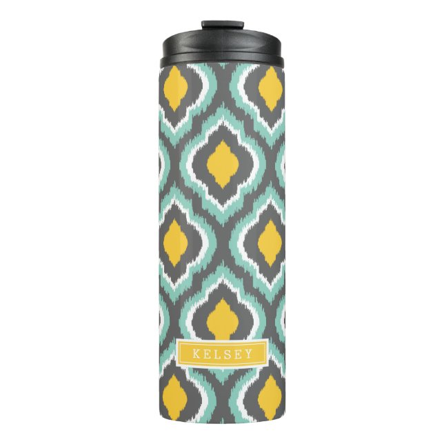 Gray Aqua and Yellow Ikat Moroccan Monogram Thermal Tumbler (Front)