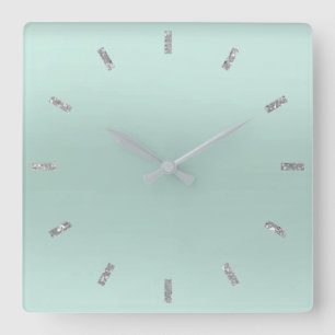 Gray Aqua Blue Ombre Minimal Glitter Square Wall Clock