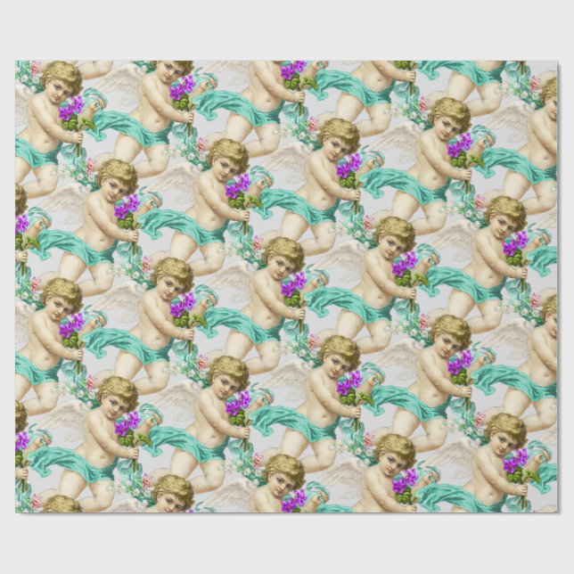 Gray Aqua Cherubs Wrapping Paper (Flat)