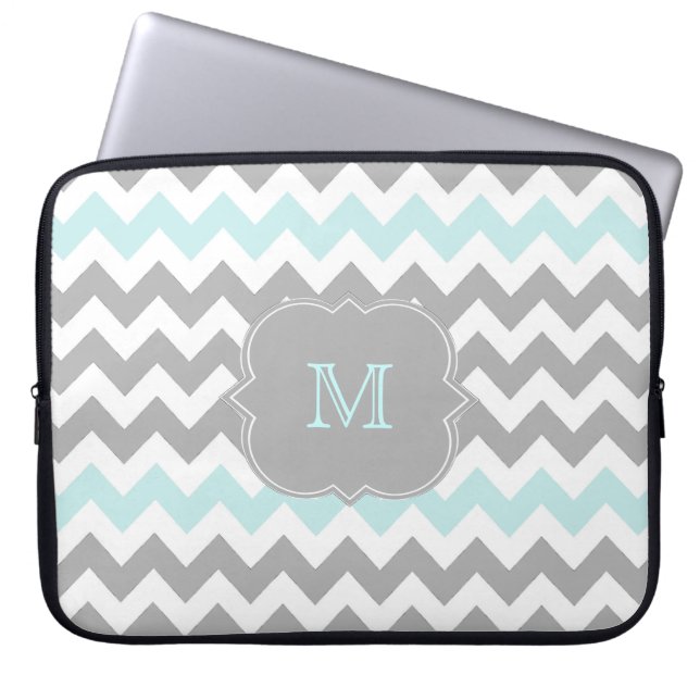 Gray Aqua Chevron Monogram Laptop Sleeve (Front)