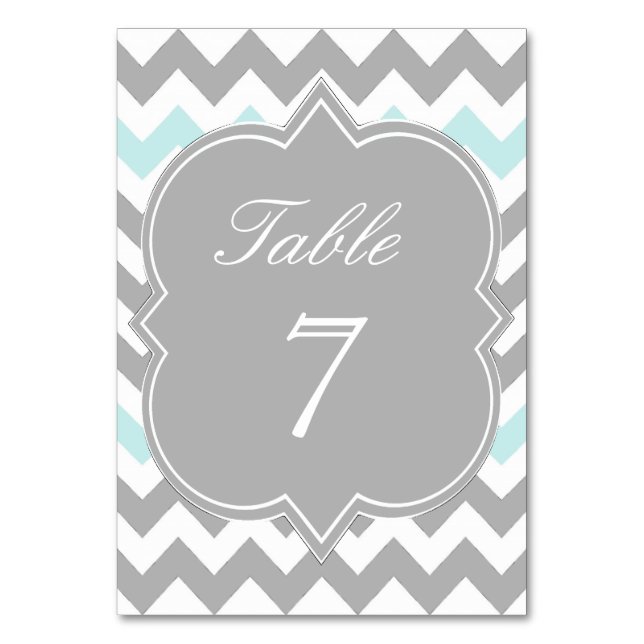 Gray Aqua Chevron Table Number Card (Front)