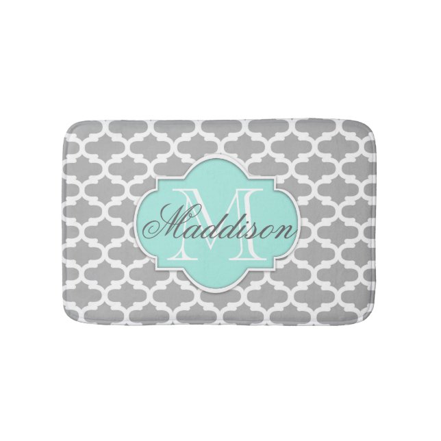 Gray Aqua Elegant Pattern Monogram Bath Mat (Front)
