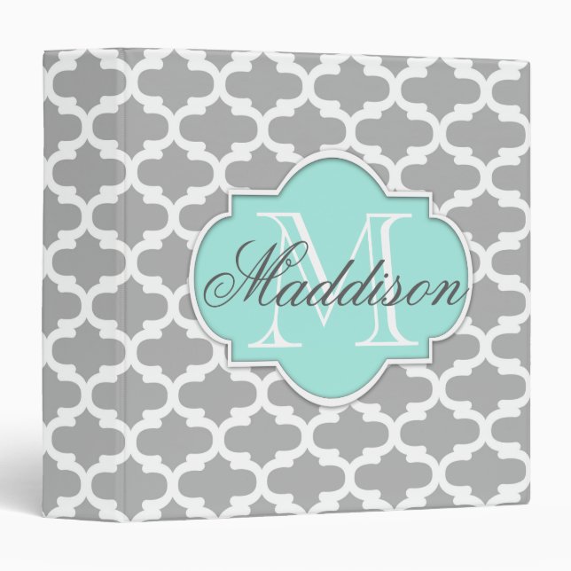 Gray Aqua Elegant Pattern Monogram Binder (Front/Spine)