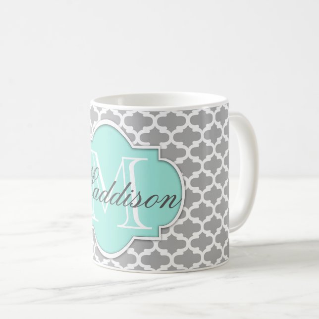Gray Aqua Elegant Pattern Monogram Coffee Mug (Front Right)