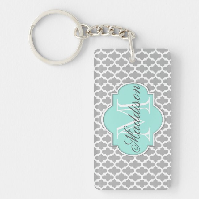 Gray Aqua Elegant Pattern Monogram Keychain (Front)