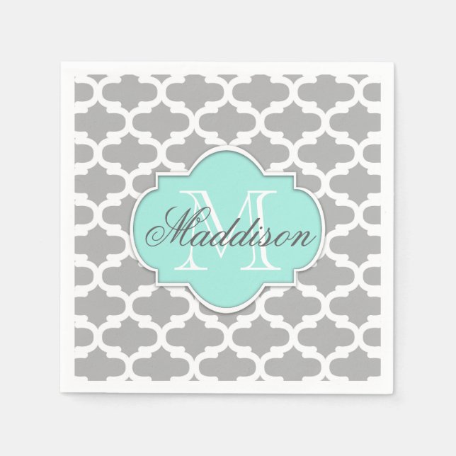 Gray Aqua Elegant Pattern Monogram Napkins (Front)