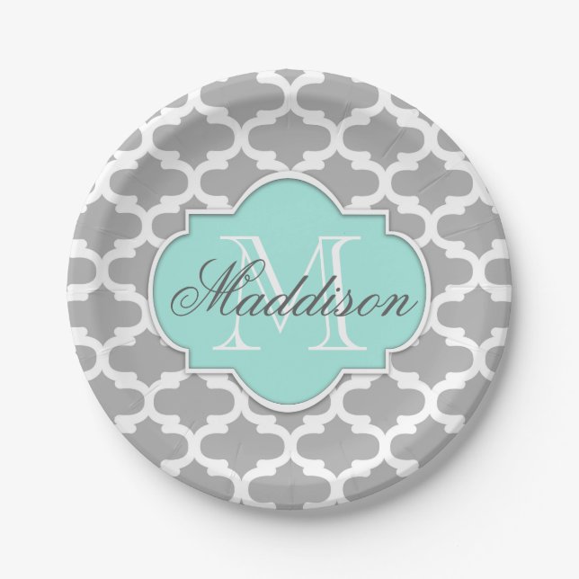 Gray Aqua Elegant Pattern Monogram Paper Plates (Front)