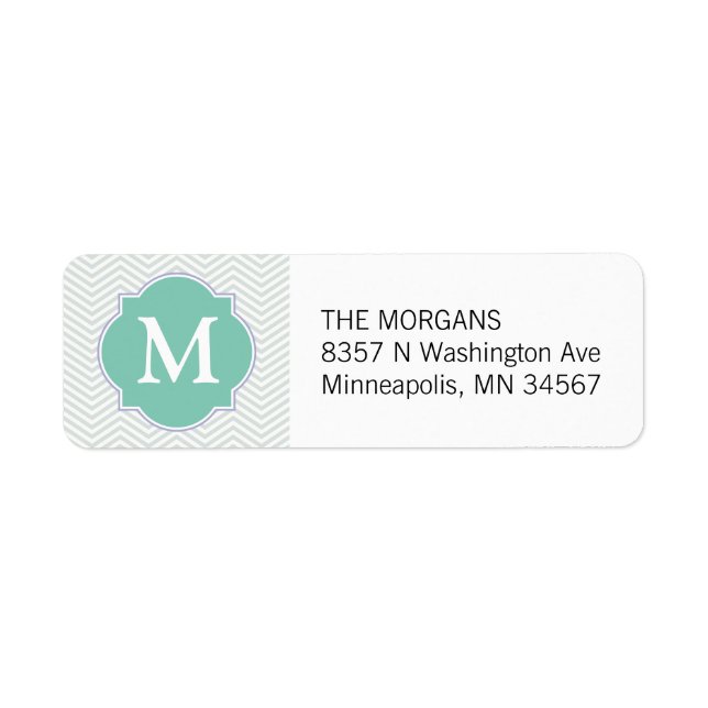 Gray & Aqua Modern Chevron Custom Monogram Label (Front)