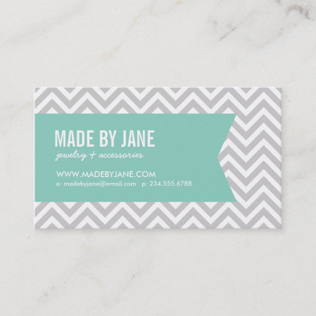 Gray & Aqua Modern Chevron & Ribbon Business Card (Front)