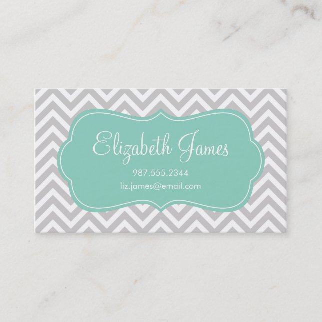 Gray & Aqua Modern Chevron Stripes Business Card (Front)