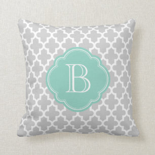 Gray & Aqua Modern Moroccan Custom Monogram Throw Pillow