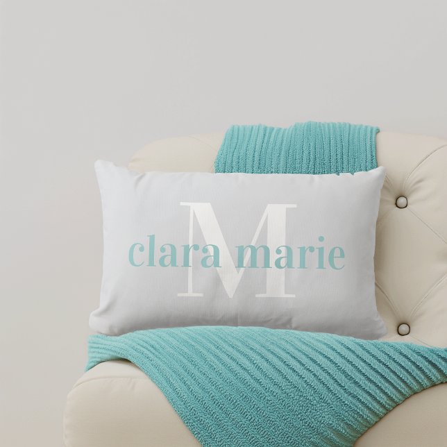 Gray & Aqua | Name and Monogram Nursery Lumbar Pillow (Creator Uploaded)