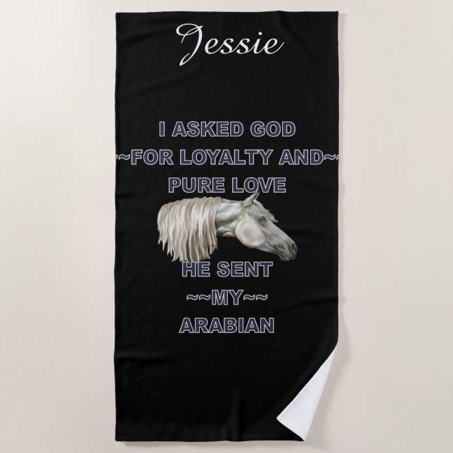 Gray Arabian Horse Personalized Beach Towel (Front)