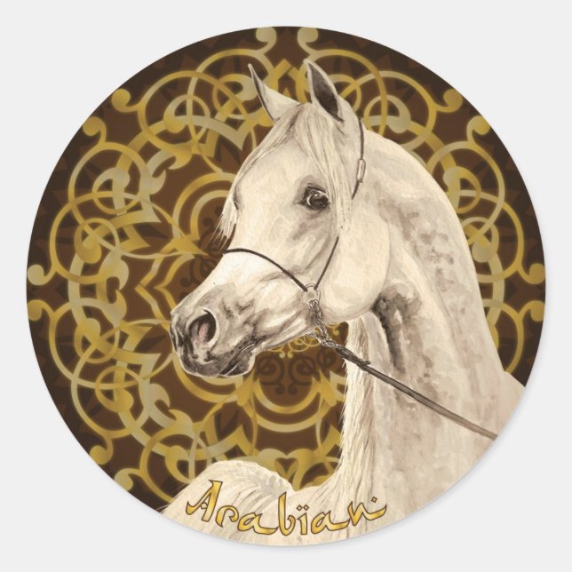 Gray Arabian horse round sticker (Front)