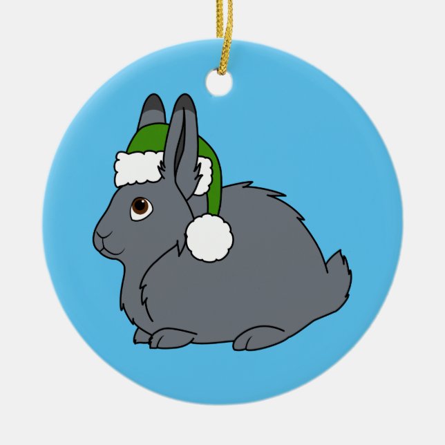 Gray Arctic Hare with Christmas Green Santa Hat Ceramic Ornament (Front)