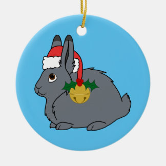 Gray Arctic Hare with Santa Hat & Gold Bell Ceramic Ornament