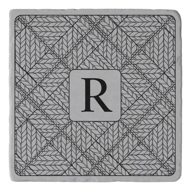 GRAY ARGYLE KNIT Marble Trivet + Initial (Front)