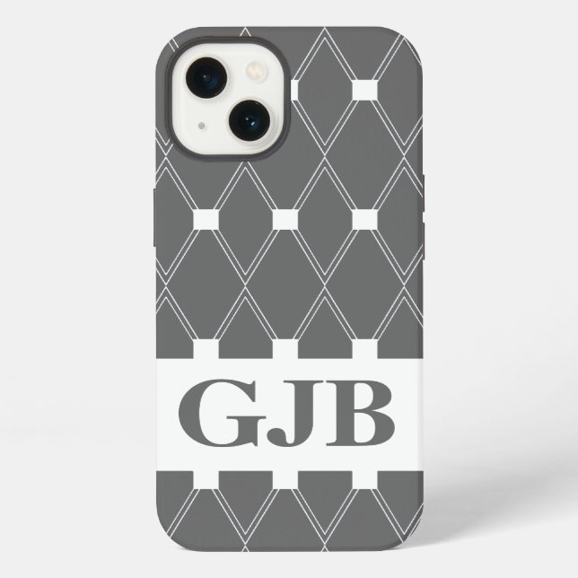 Gray Argyle Lattice with monogram Iphone Case (Back)