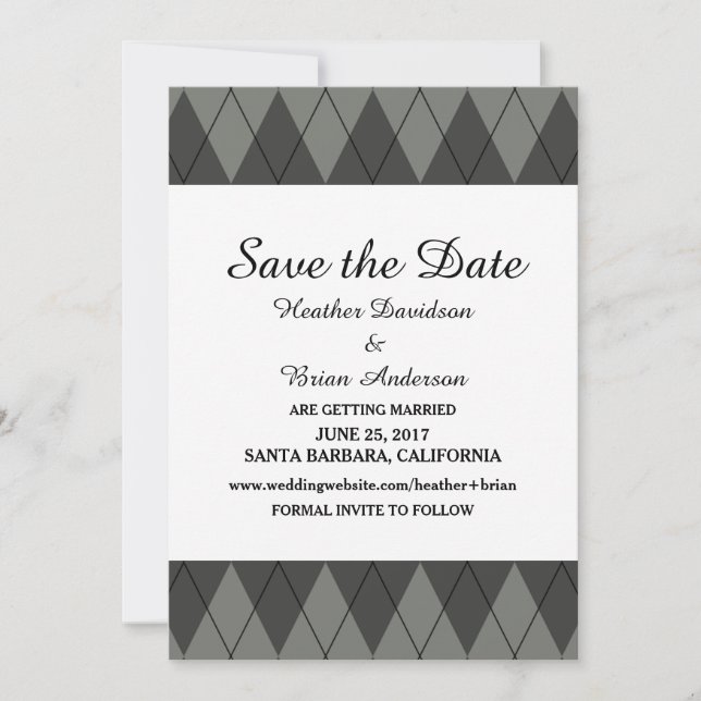 Gray Argyle Save the Date Invite (Front)