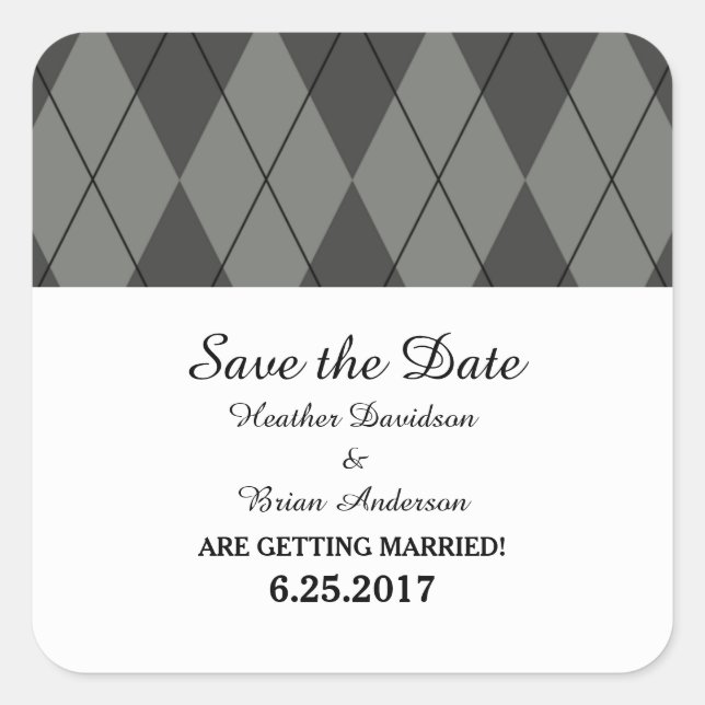 Gray Argyle Save the Date Stickers (Front)