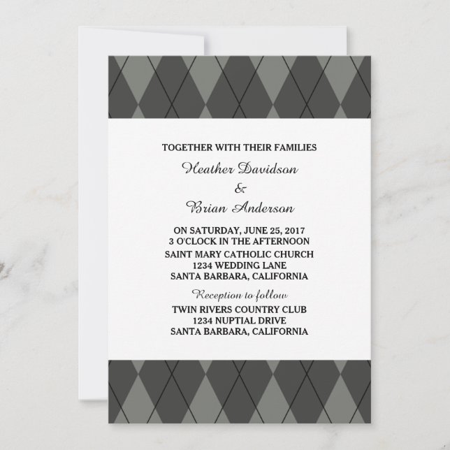 Gray Argyle Wedding Invite (Front)