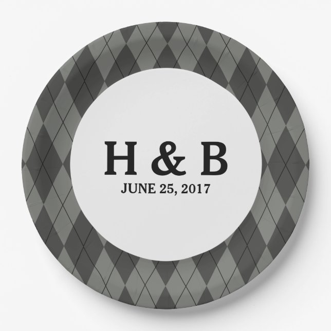 Gray Argyle Wedding Paper Plates (Front)