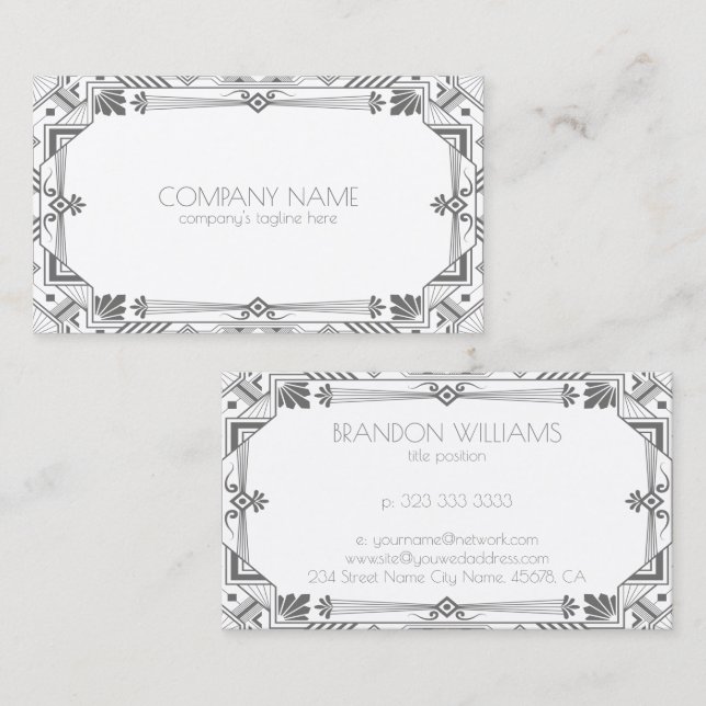 Gray Art Deco Frame 2 Business Card (Front/Back)