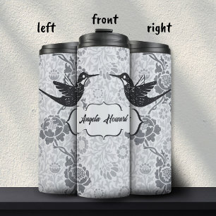 Gray Art Nouveau Floral Girl Grunge Hummingbird Thermal Tumbler