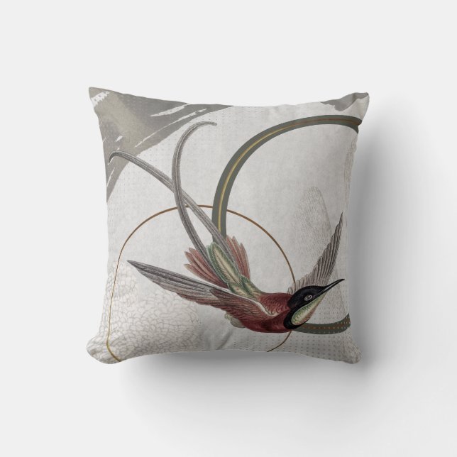 Gray Artistic Hummingbird Design | Green Throw Pillow (Front)