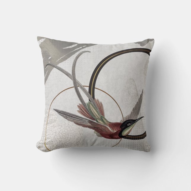 Gray Artistic Hummingbird Design Throw Pillow (Front)