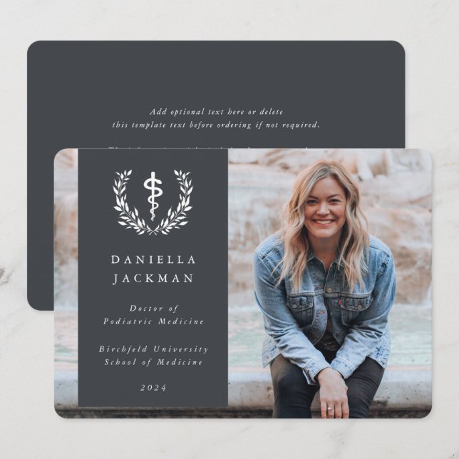 Gray Asclepius Medical Graduation Photo Announcement (Front/Back)