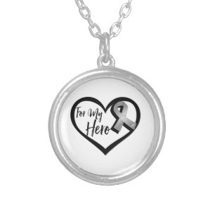 Gray Awareness Ribbon For My Hero Silver Plated Necklace