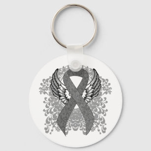 Gray Awareness Ribbon with Wings Keychain