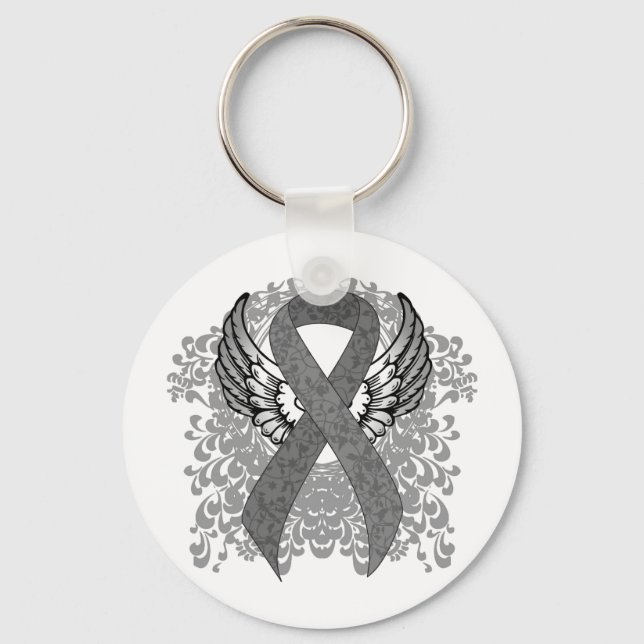 Gray Awareness Ribbon with Wings Keychain (Front)