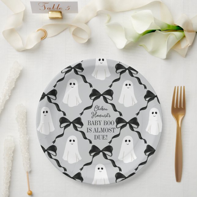 Gray Baby Boo Almost Due Ghosts and Black Bows Paper Plates (Wedding)