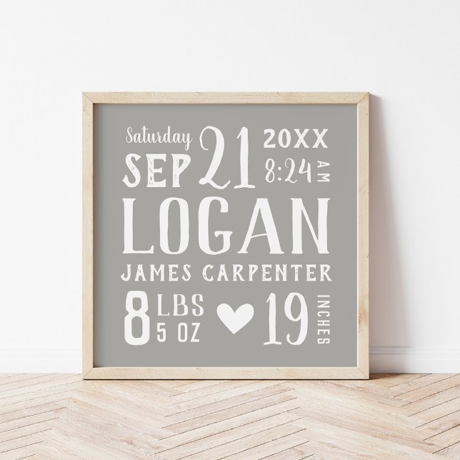 Gray Baby Boy Birth Stats Keepsake Poster (Creator Uploaded)