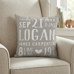 Gray Baby Boy Birth Stats Keepsake Throw Pillow