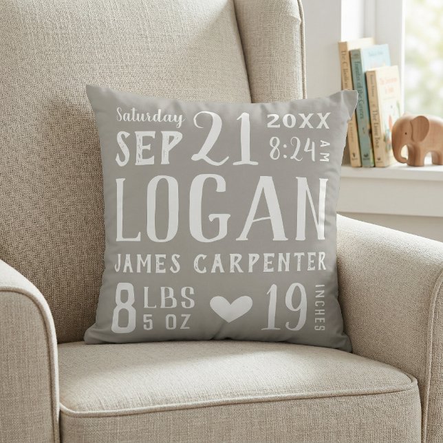 Gray Baby Boy Birth Stats Keepsake Throw Pillow (Creator Uploaded)