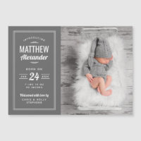 Gray Baby Boy Magnetic Photo Birth Announcement
