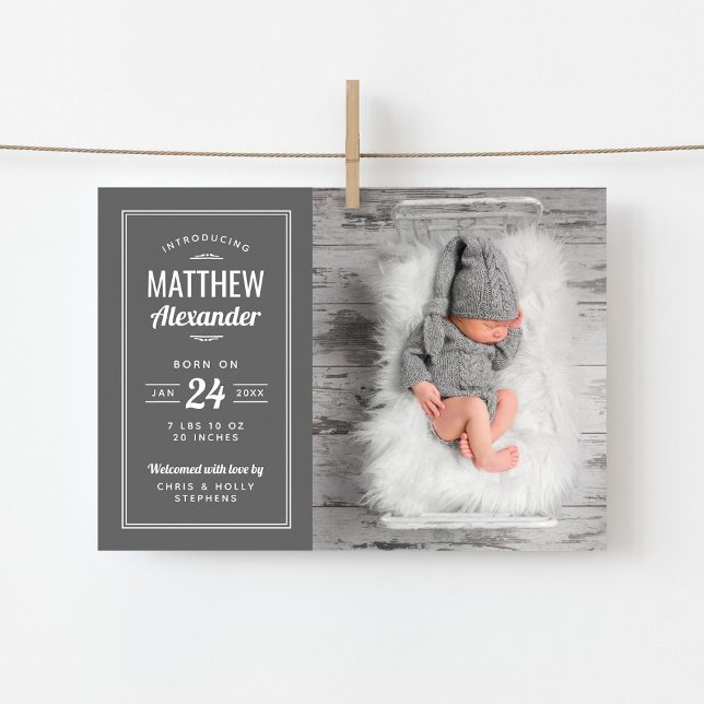 Gray Baby Boy Magnetic Photo Birth Announcement (Creator Uploaded)