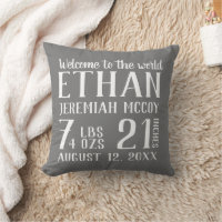 Gray Baby Boy Nursery Birth Stats Pillow