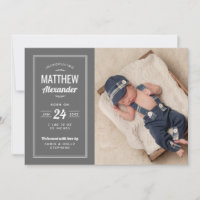 Gray Baby Boy Photo Birth Announcement