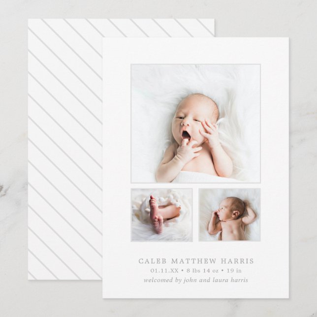 Gray Baby Boy Photo Collage Simple Birth Announcement (Front/Back)