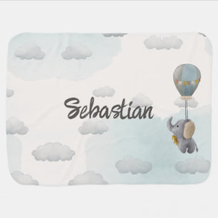 Gray Baby Elephant, Hot Air Balloon in Clouds  Blanket
