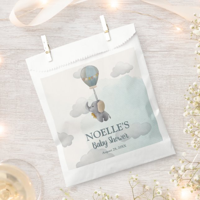 Gray Baby Elephant, Hot Air Balloon in Clouds Favor Bag (Clipped)