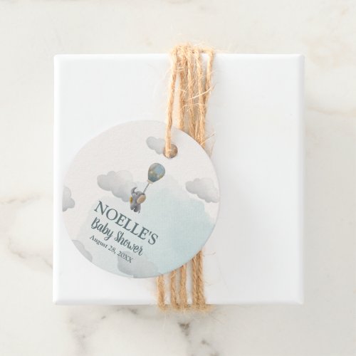 Gray Baby Elephant Hot Air Balloon in Clouds Favor Tags
