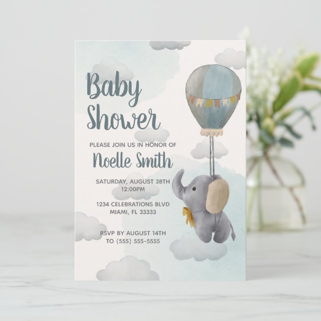 Gray Baby Elephant, Hot Air Balloon in Clouds Invitation (Standing Front)