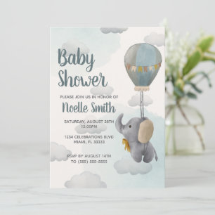 Gray Baby Elephant, Hot Air Balloon in Clouds Invitation